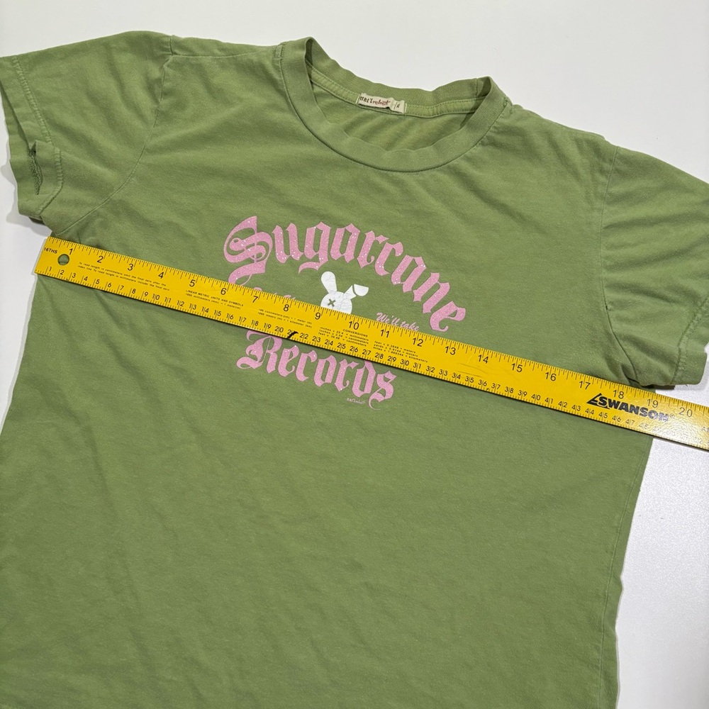 🐰🤍 Y2K Bunny Graphic Tee Sparkly Pink & Olive, Sugarcane Records, Sz XL Punk - Picture 10 of 11